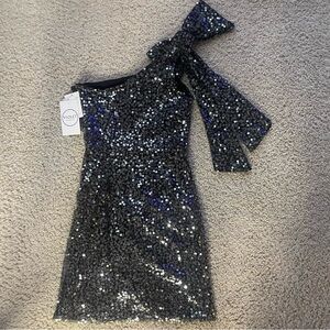 one-shoulder  black sequins small mini dress NEW with TAGS